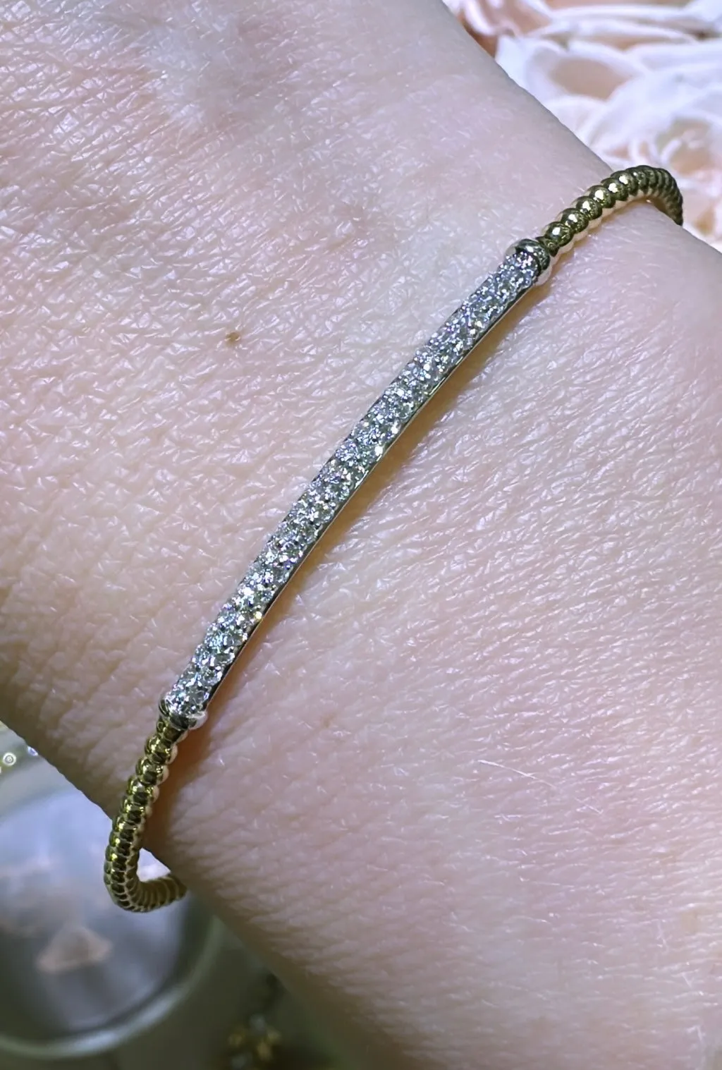 0.33carat Pave Diamond Beaded Gold Open Wrap Bangle Bracelet