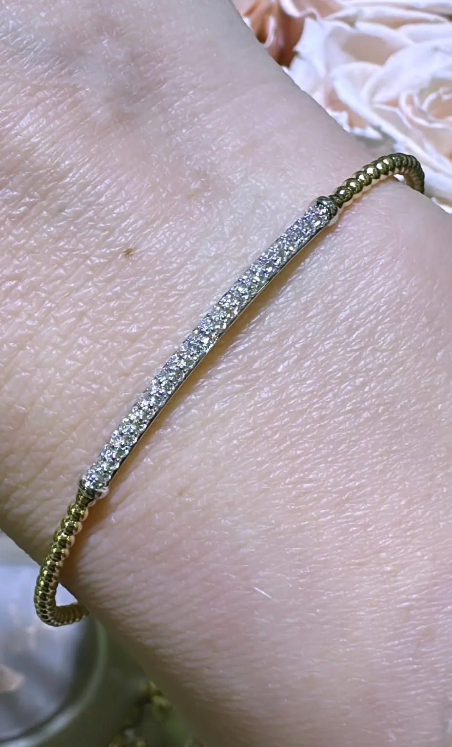 0.33carat Pave Diamond Beaded Gold Open Wrap Bangle Bracelet