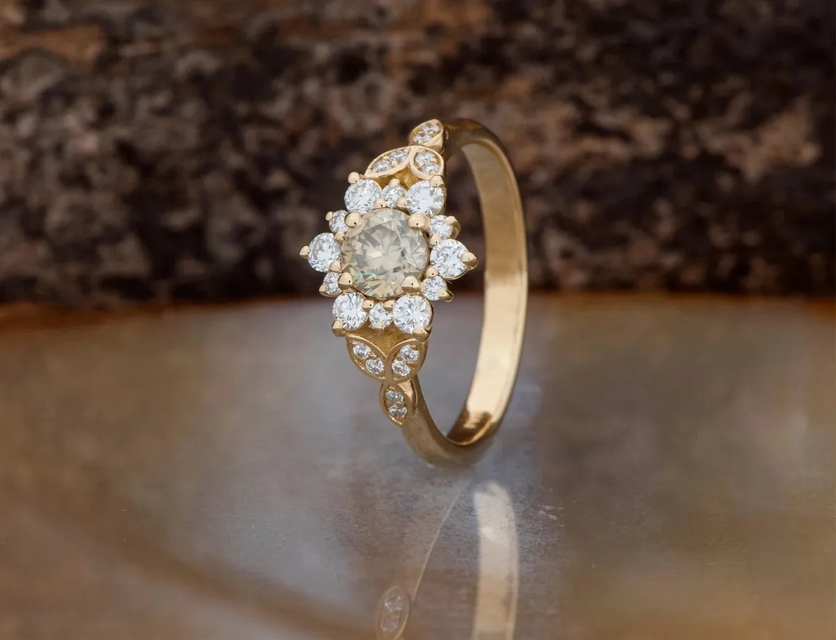0.90 ct Salt and pepper champagne diamond engagement ring - 14k 18K Yellow Gold