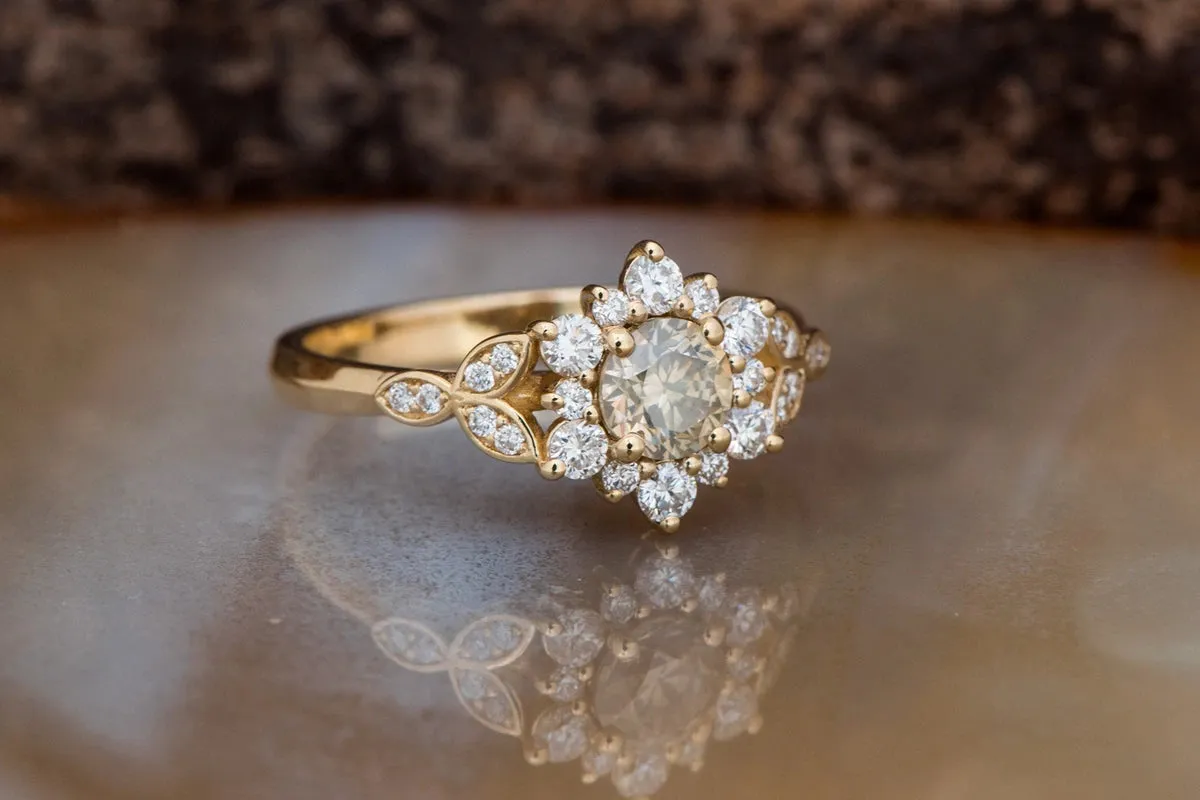 0.90 ct Salt and pepper champagne diamond engagement ring - 14k 18K Yellow Gold