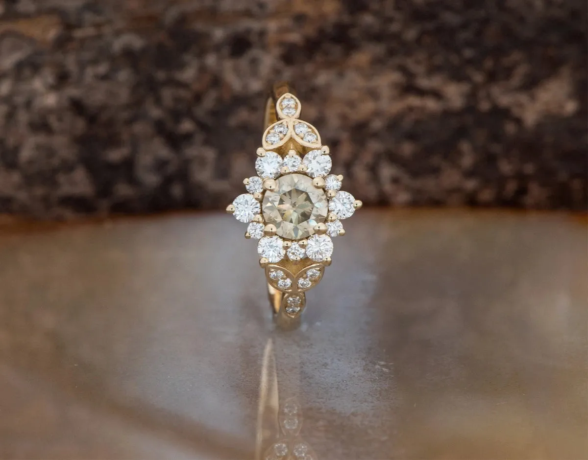0.90 ct Salt and pepper champagne diamond engagement ring - 14k 18K Yellow Gold