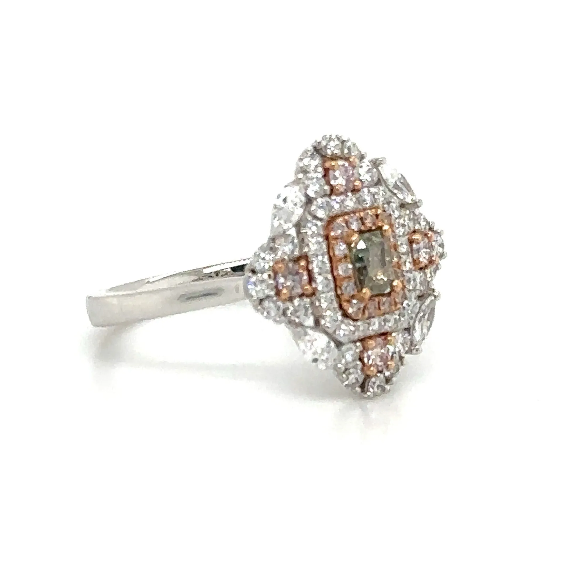 0.93carat Diamond Art-Deco Style with Center Very Rare Natural Green Diamond Ring