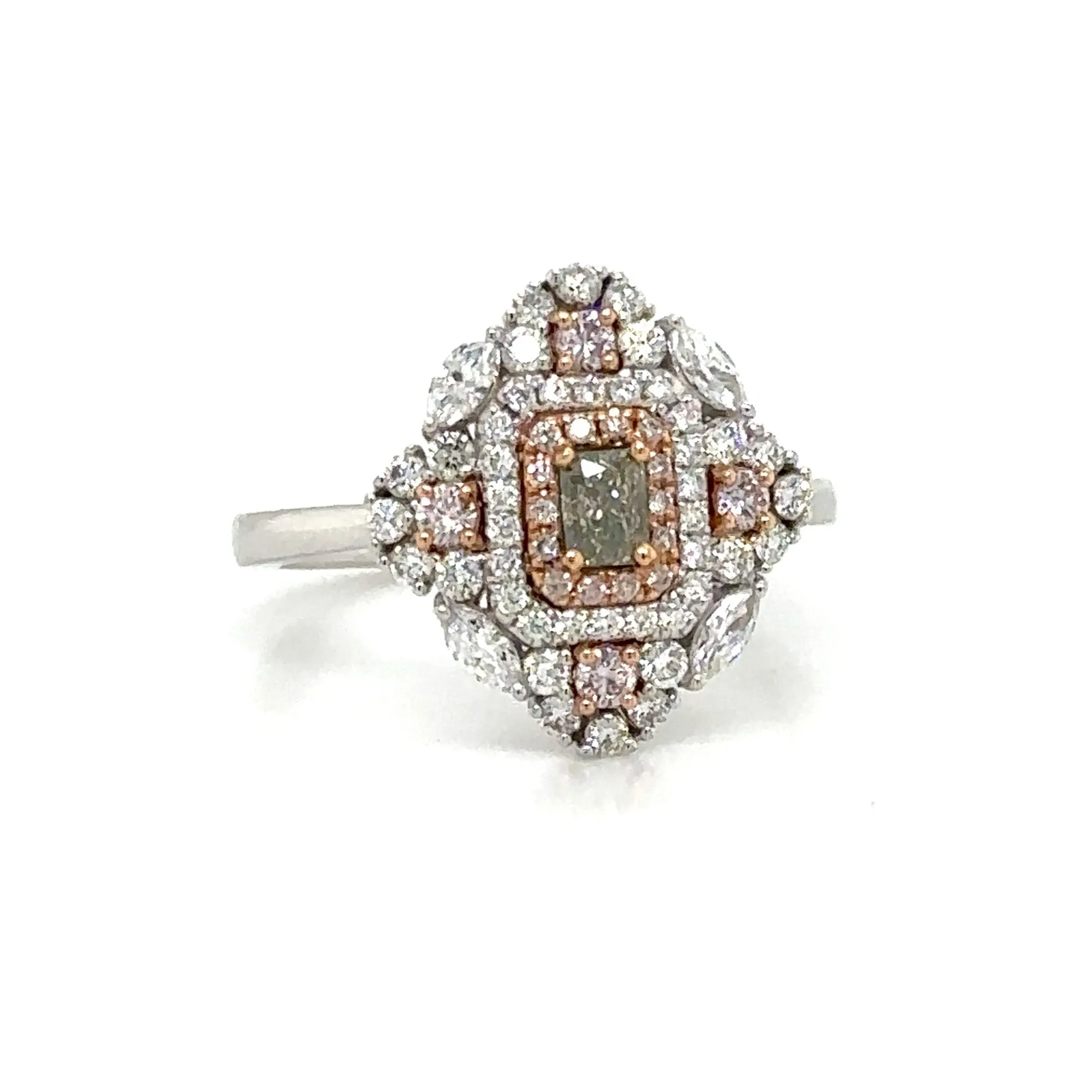 0.93carat Diamond Art-Deco Style with Center Very Rare Natural Green Diamond Ring