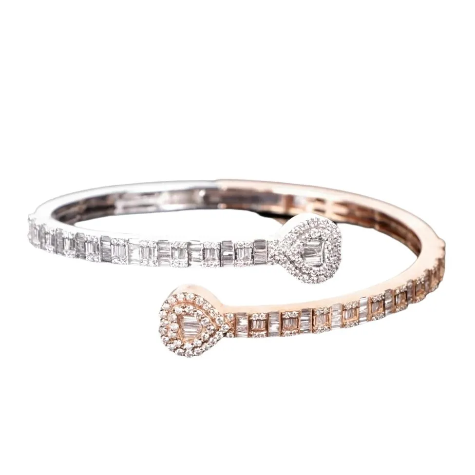 10k Gold Two Tone White-Rose 2.92ct Baguette & Round Diamond Double Heart Bangle Bracelet - BG-47827