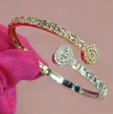 10k Gold Two Tone White-Rose 2.92ct Baguette & Round Diamond Double Heart Bangle Bracelet - BG-47827