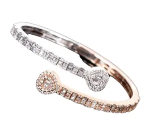 10k Gold Two Tone White-Rose 2.92ct Baguette & Round Diamond Double Heart Bangle Bracelet - BG-47827