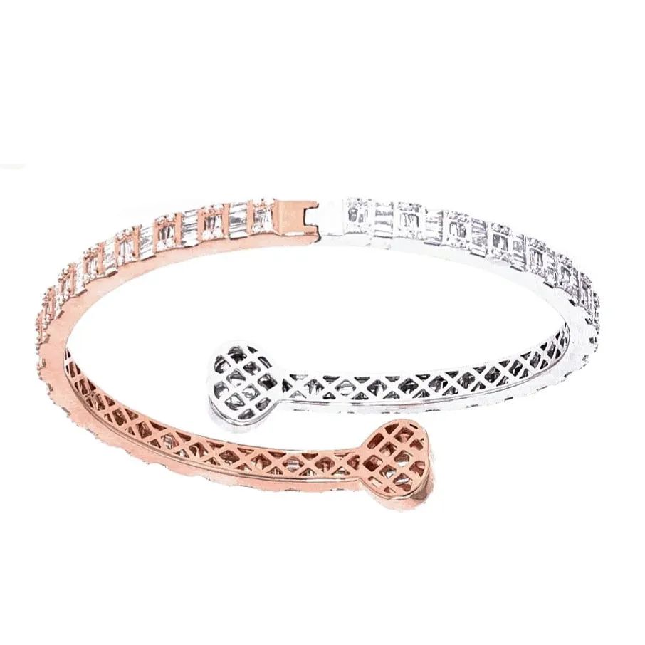 10k Gold Two Tone White-Rose 2.92ct Baguette & Round Diamond Double Heart Bangle Bracelet - BG-47827