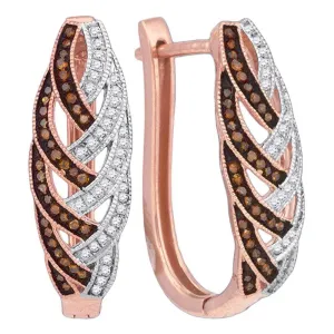 10K Rose Gold Round Red Color Enhanced Diamond Hoop Luxury Earrings 1/3 Cttw