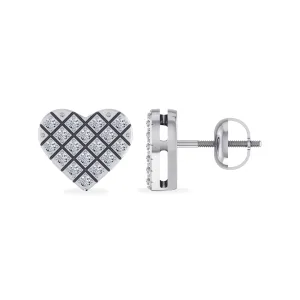 10K White Gold Round Diamond Heart  Studs Designer Stud Earrings 1/16 Cttw