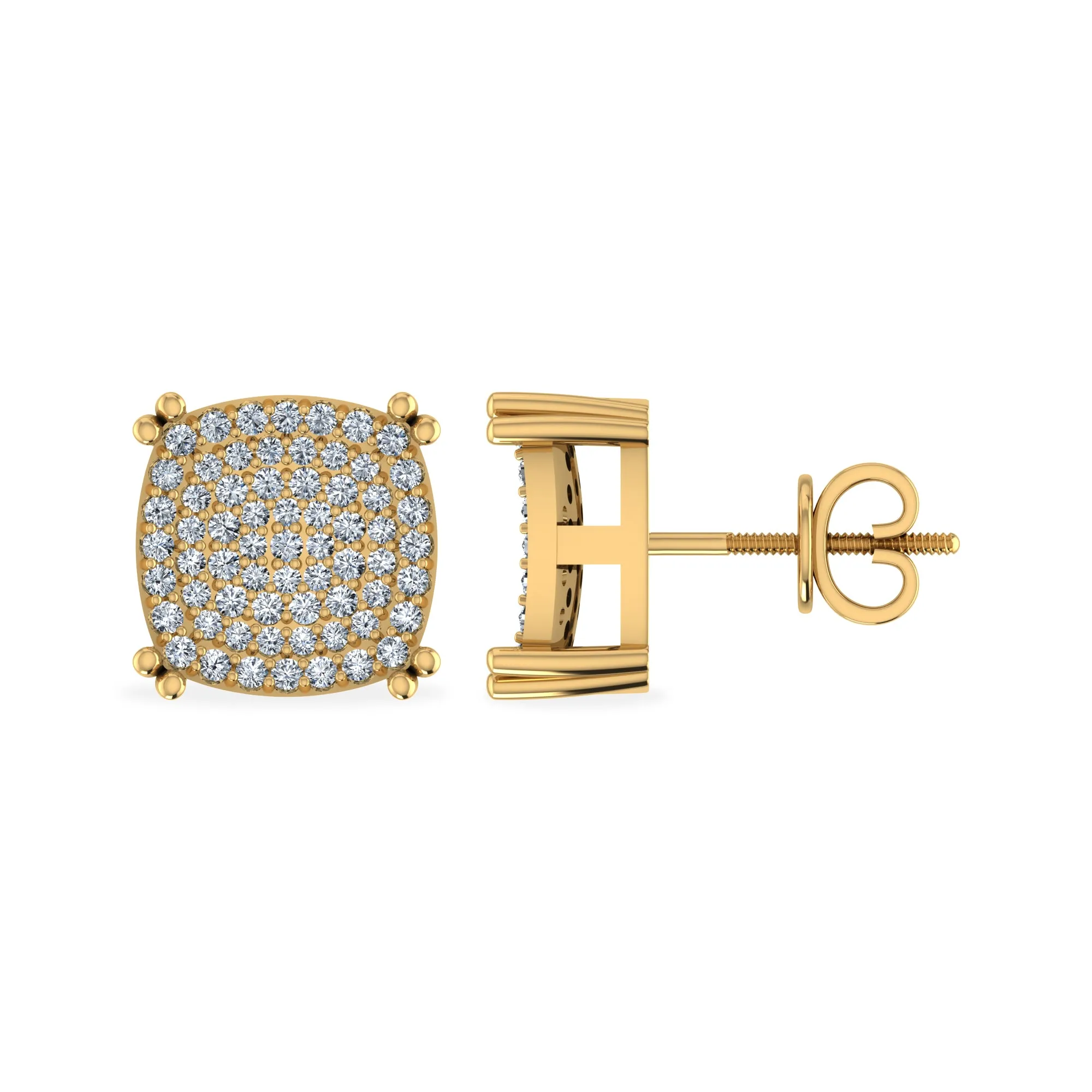 10K Yellow Gold Round Diamond Square Shape Designer Stud Earrings 1/4 Cttw