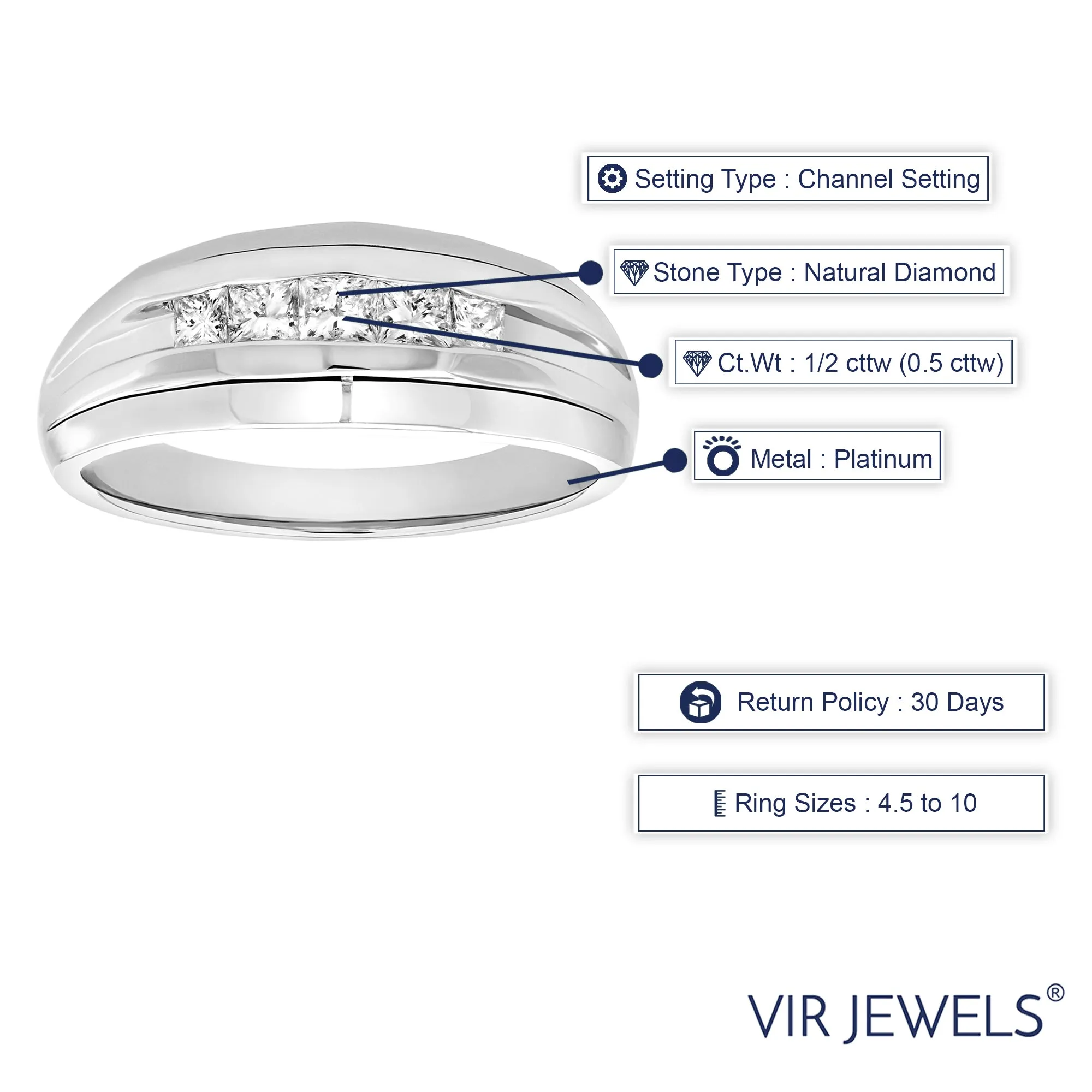 1/2 cttw Princess Diamond Five Stone Wedding Band in Platinum