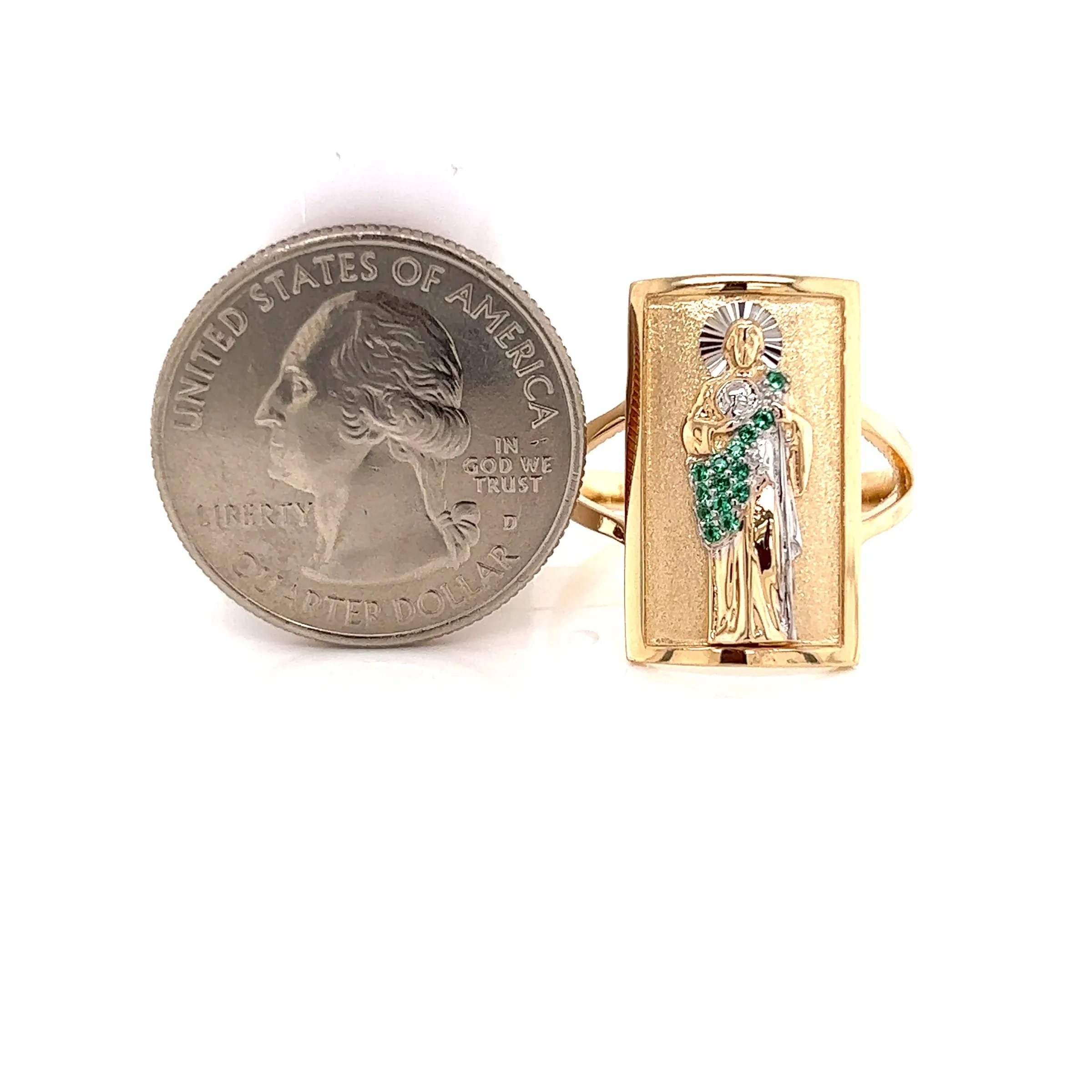14K GOLD San Judas Ring Green CZ Diamond
