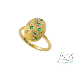14K Gold Satin Finish Oval Diamond and Color Stone Ring