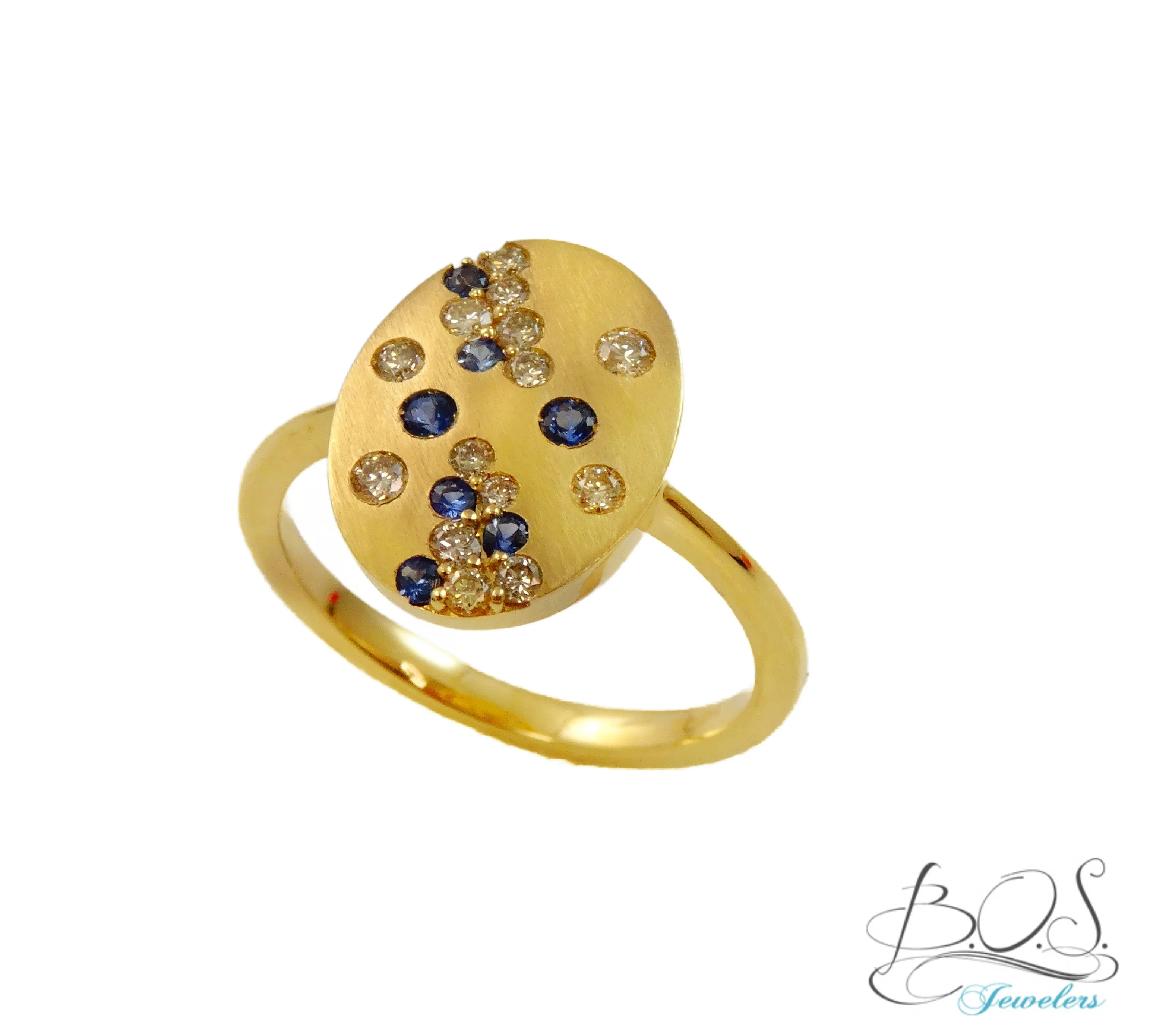 14K Gold Satin Finish Oval Diamond and Color Stone Ring