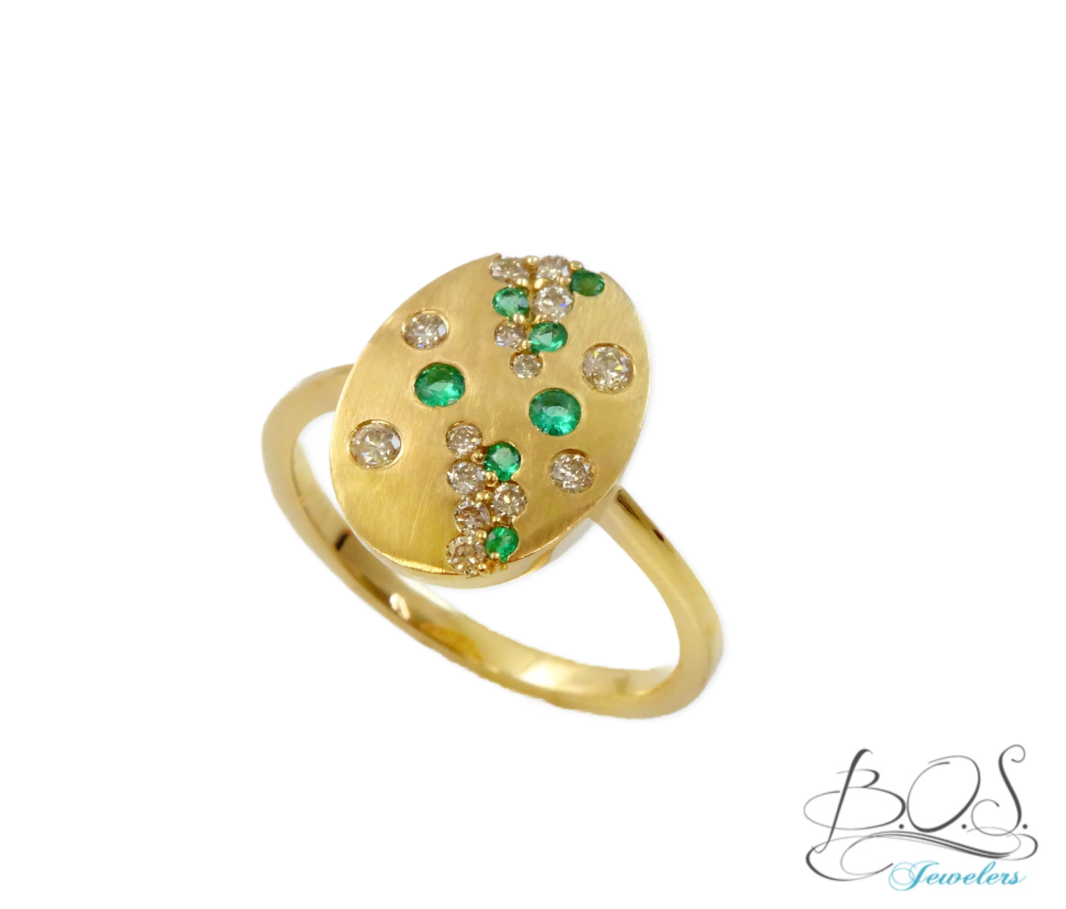 14K Gold Satin Finish Oval Diamond and Color Stone Ring