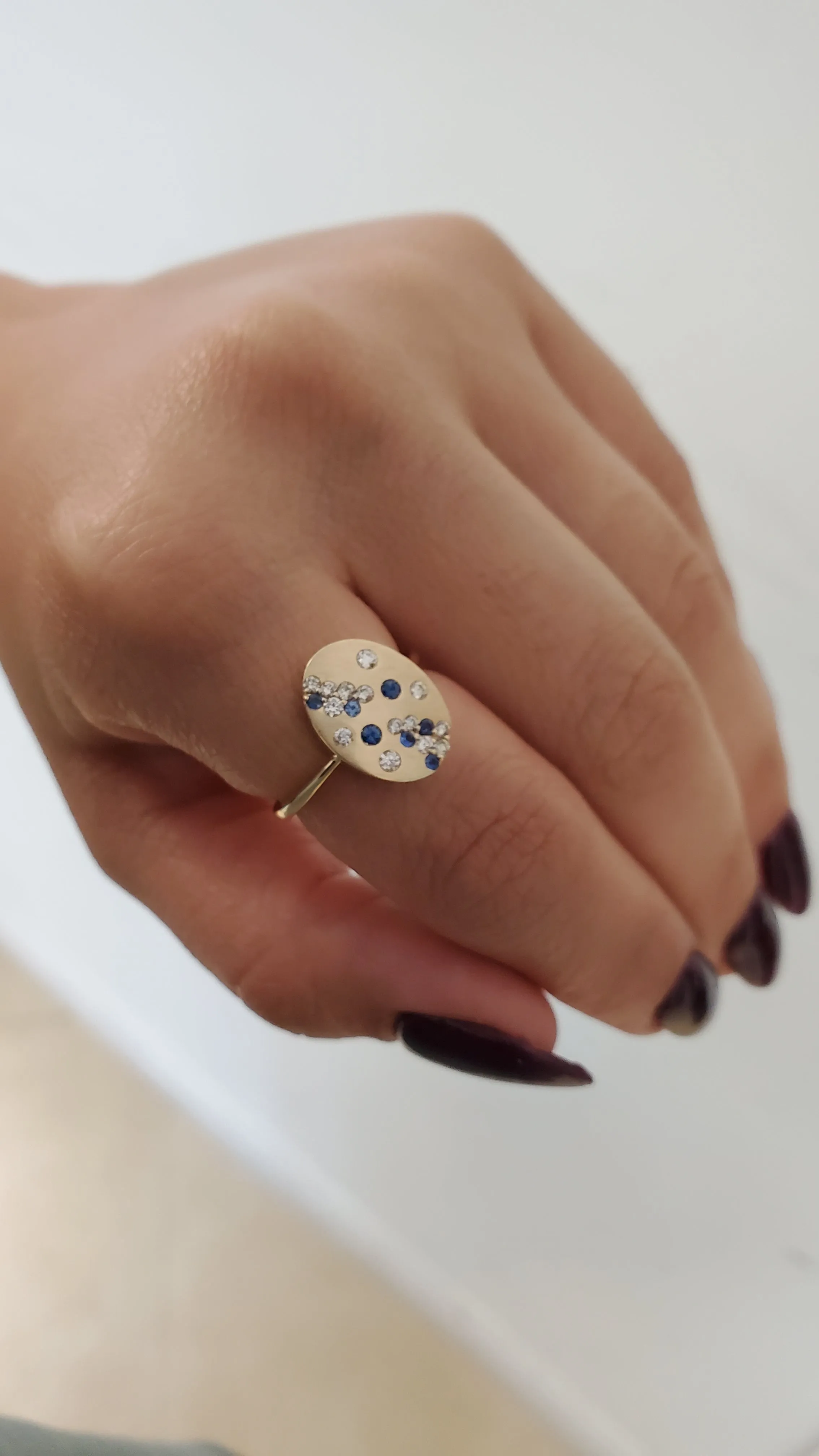 14K Gold Satin Finish Oval Diamond and Color Stone Ring