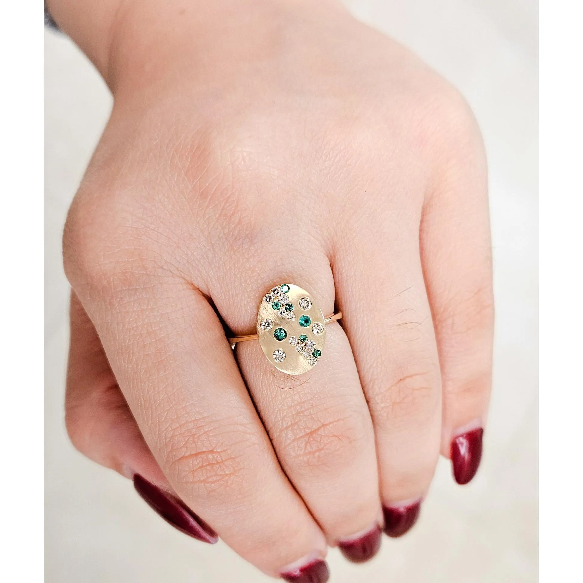 14K Gold Satin Finish Oval Diamond and Color Stone Ring