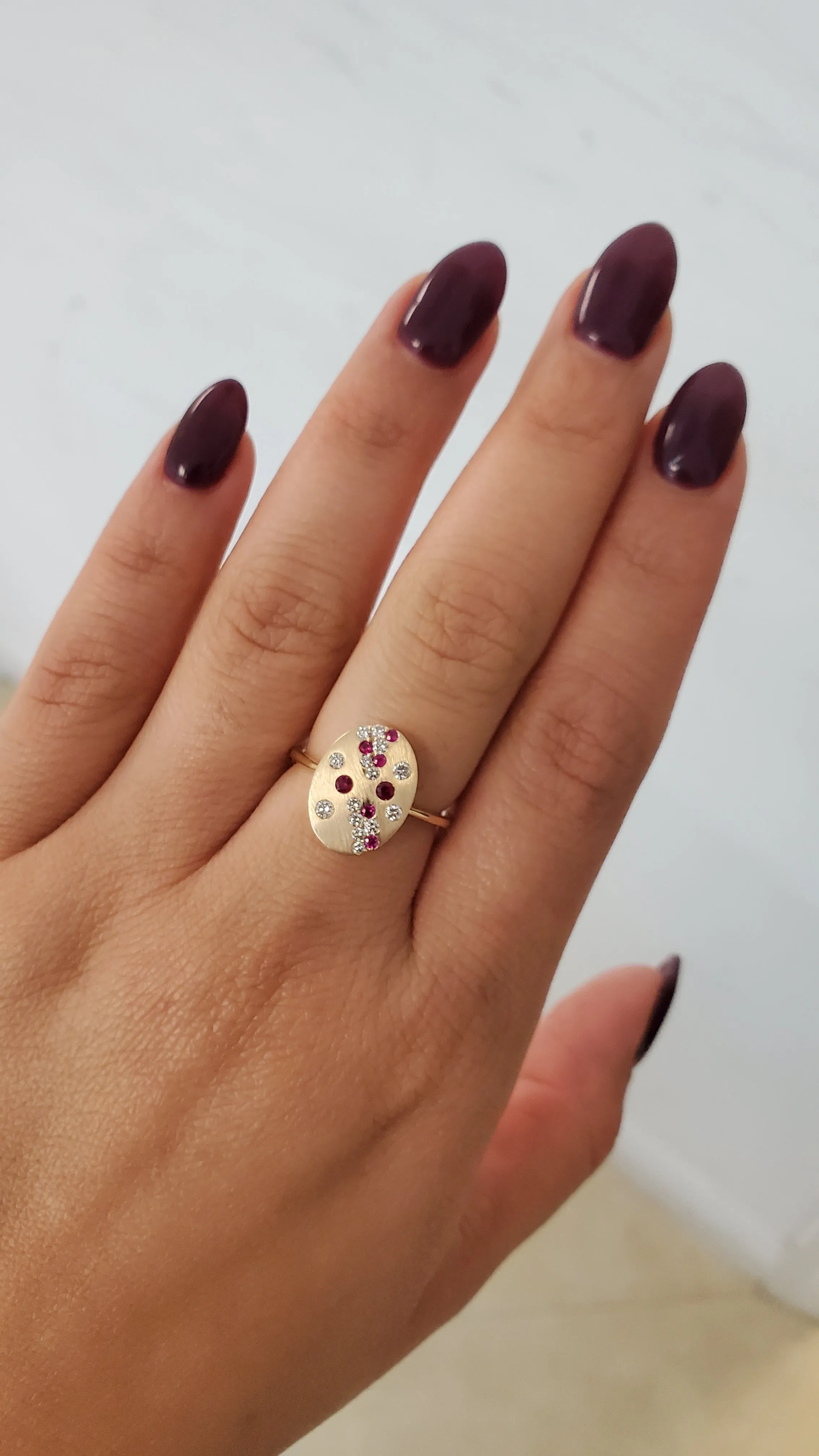 14K Gold Satin Finish Oval Diamond and Color Stone Ring