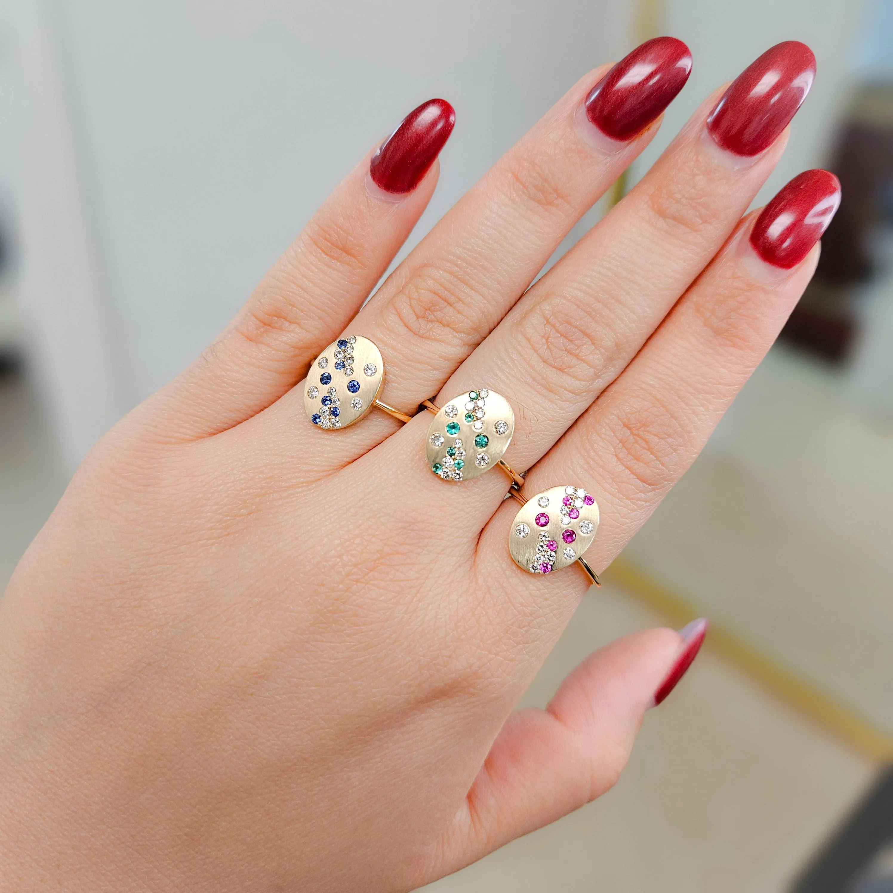 14K Gold Satin Finish Oval Diamond and Color Stone Ring