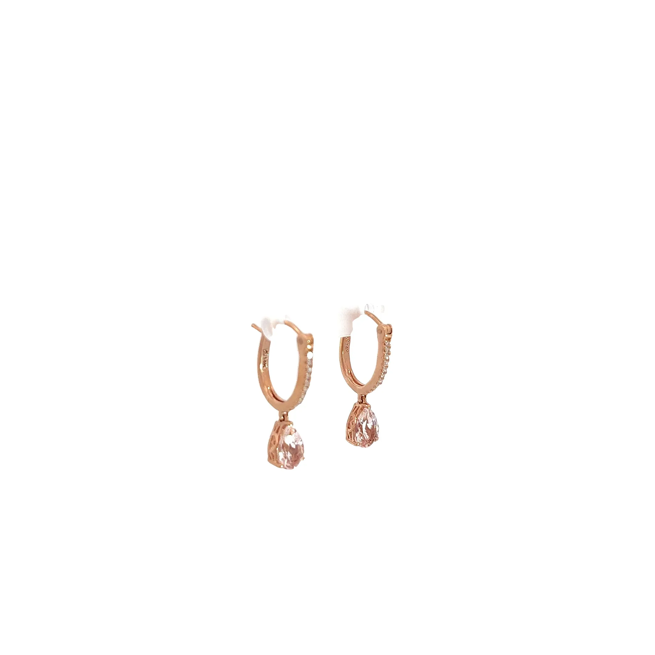 14k Rose Gold 1.20ct Pear Shape Morganite and .15ct G VS2 Round  Drop Earrings
