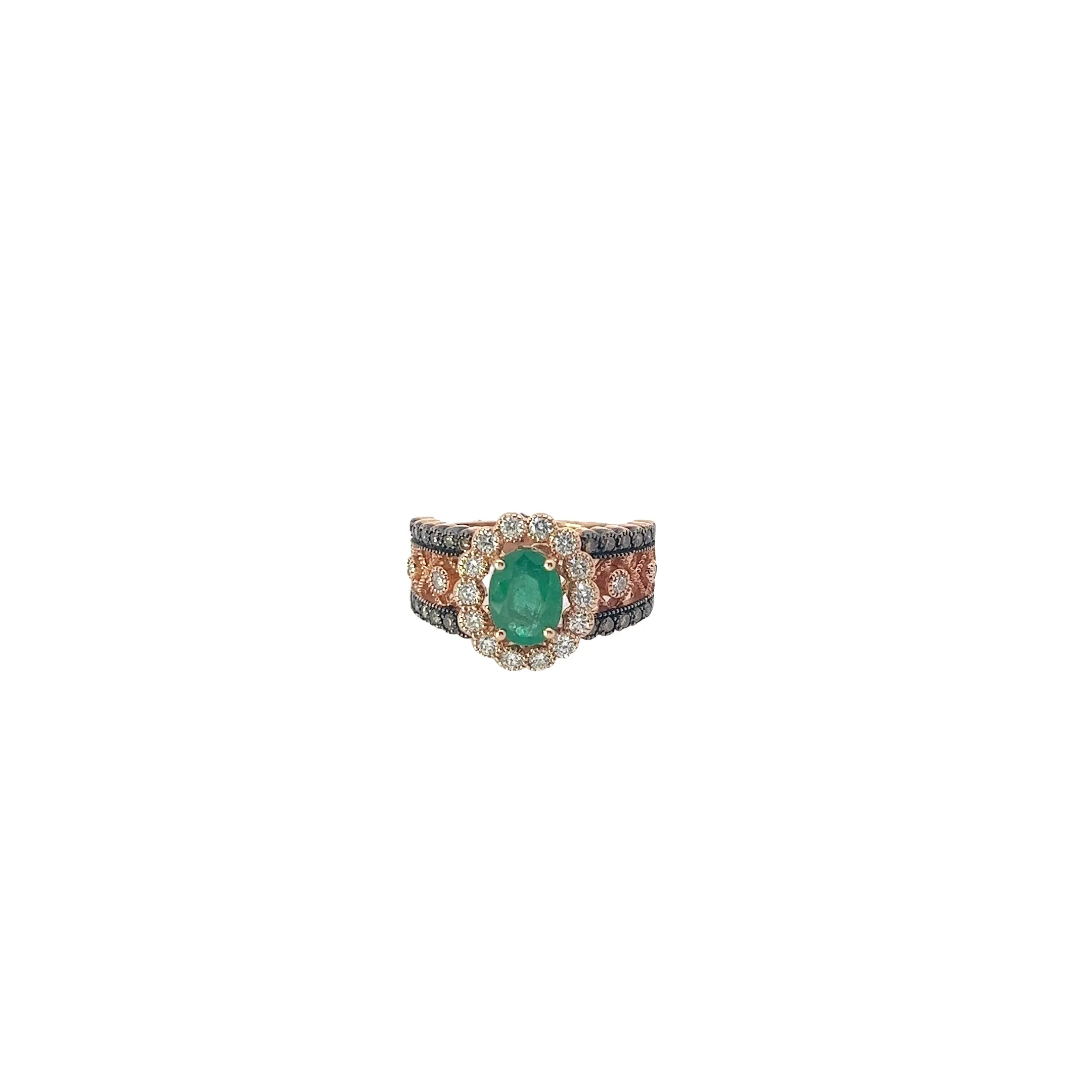 14k Rose Gold 1.50ct  Emerald, .28ct G VS2 Round Diamond and .35ct  Chocolate diamond ring Effy