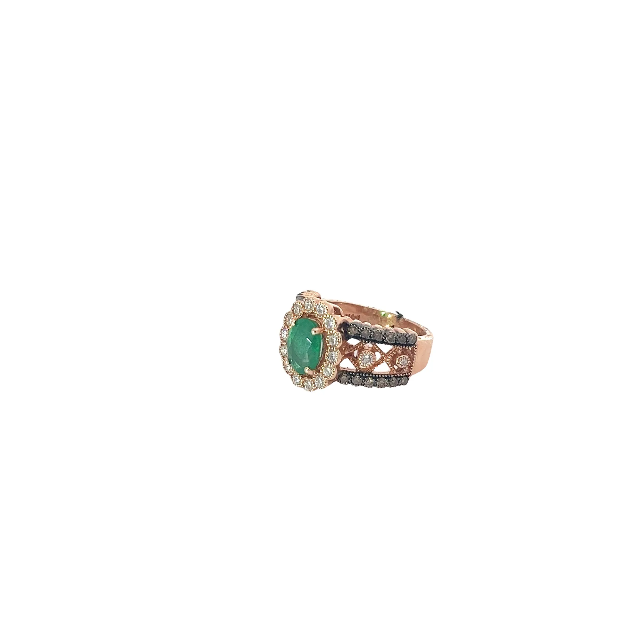 14k Rose Gold 1.50ct  Emerald, .28ct G VS2 Round Diamond and .35ct  Chocolate diamond ring Effy