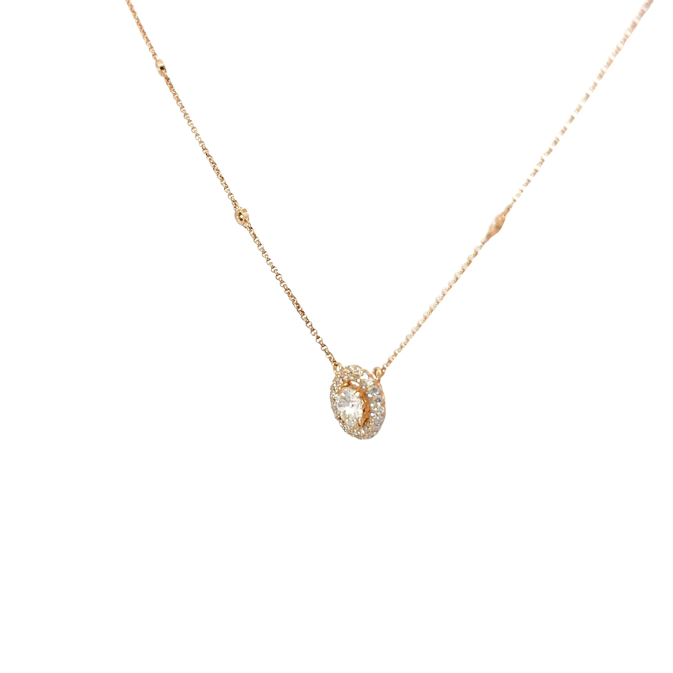 14k Rose Gold .58ct G SI1 Center Round Diamond and along the halo .42ct G SI1 Round Diamond Solitaire Necklace