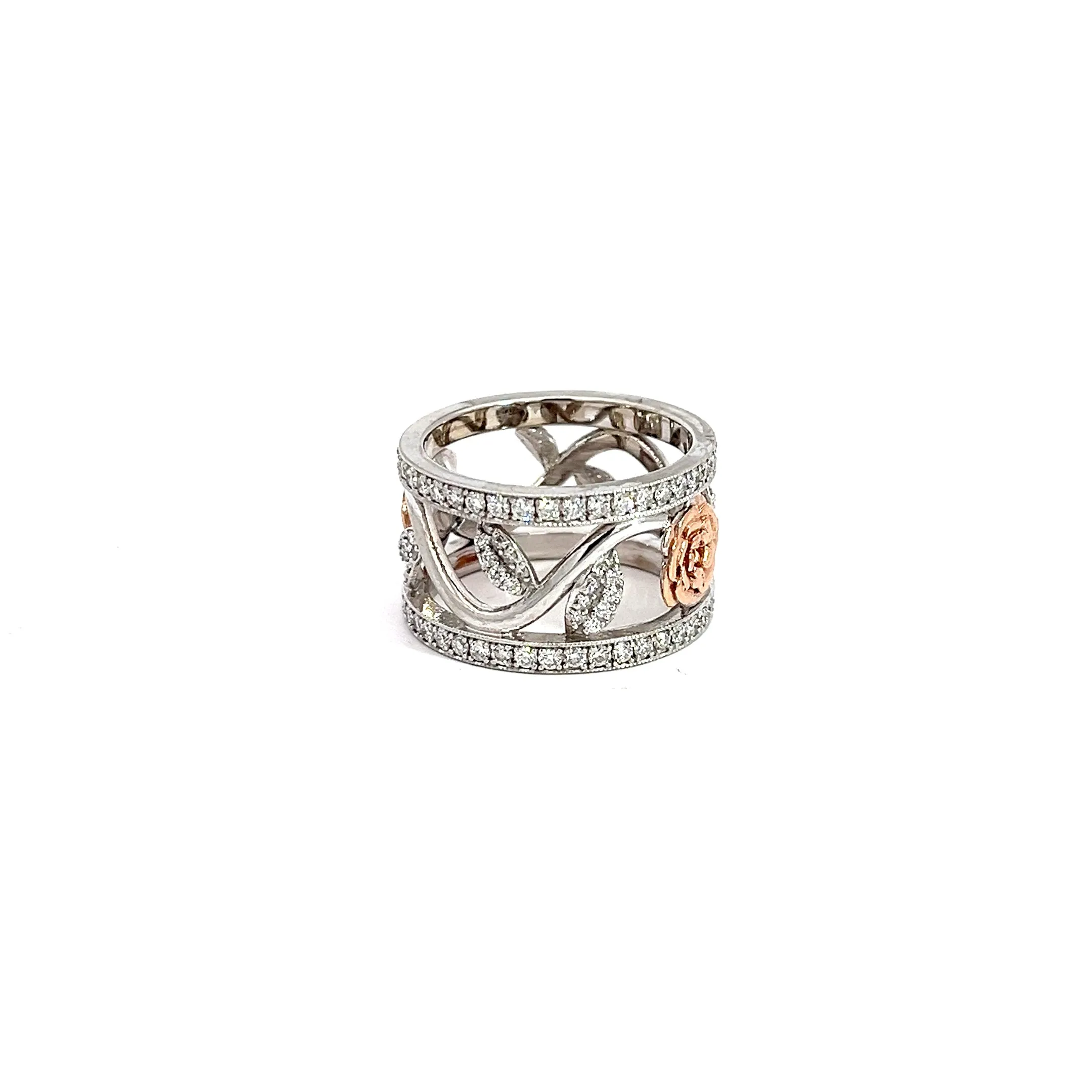 14k White Gold 1.50ct F VS2 Round Diamond with Rose Pedal Ring 12.50inch Size 6