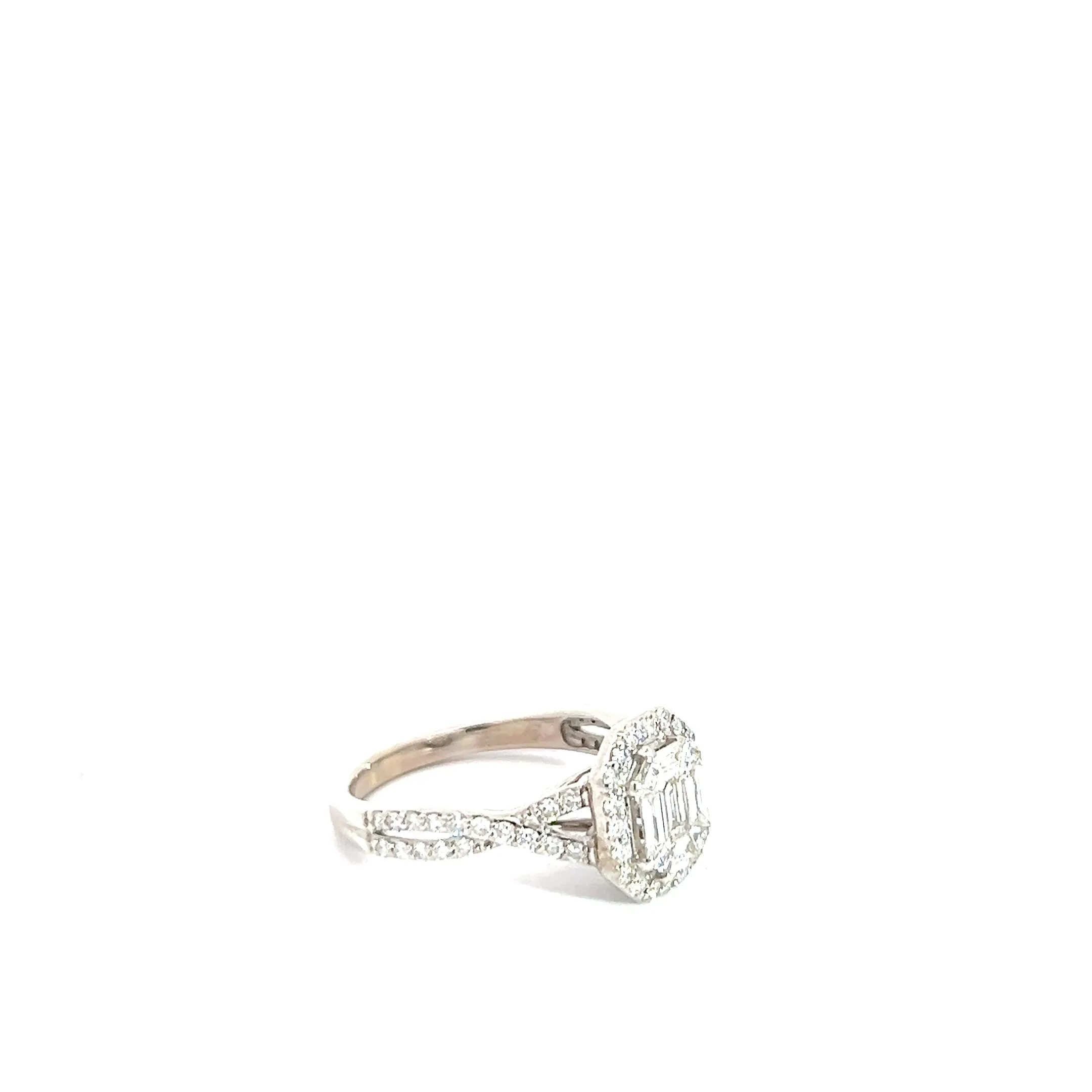 14k White Gold 1ct F VS2 Invisible Set Baguette and Round Diamond Ring