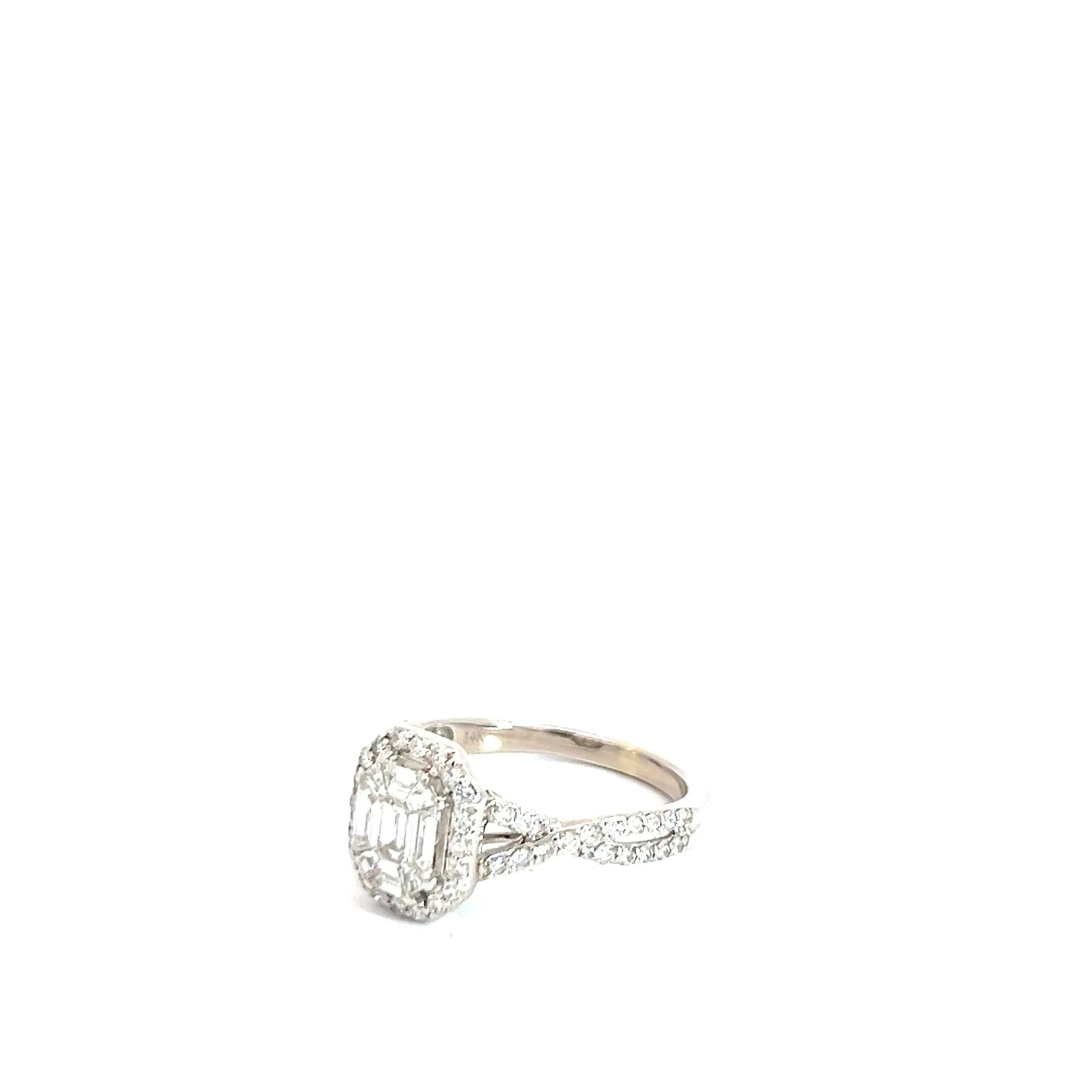 14k White Gold 1ct F VS2 Invisible Set Baguette and Round Diamond Ring