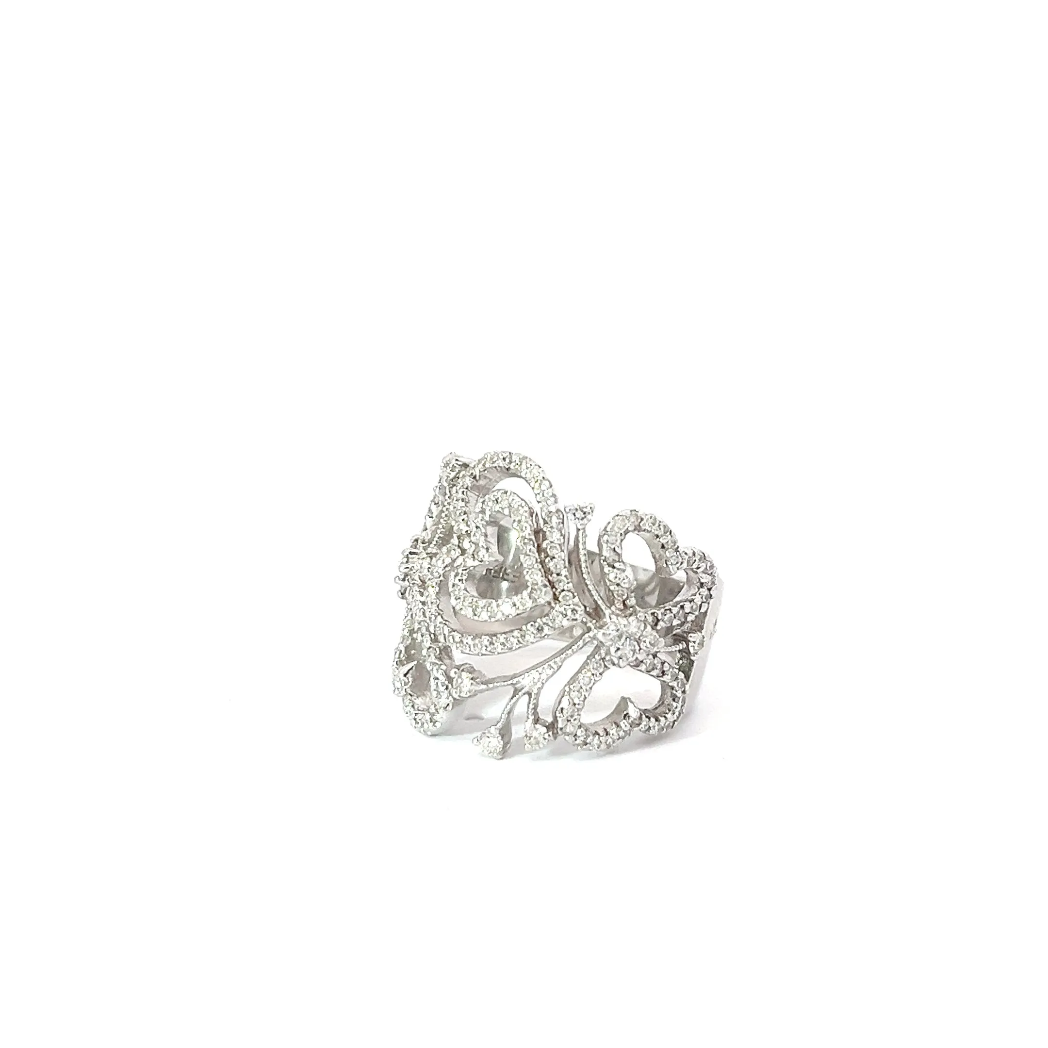 14k White Gold 1ct F VS2 Round Diamond Heart Swirl Effy Ring