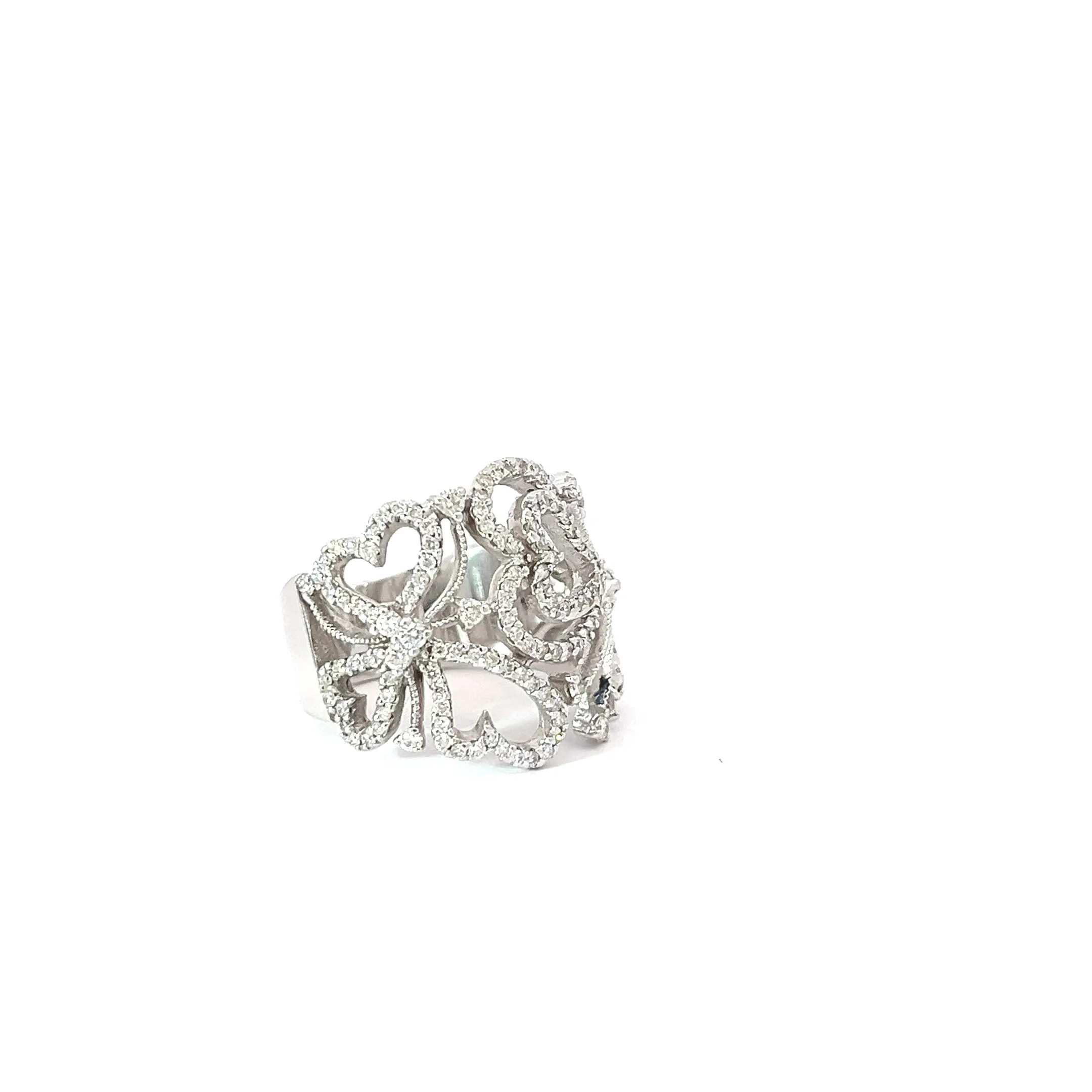 14k White Gold 1ct F VS2 Round Diamond Heart Swirl Effy Ring