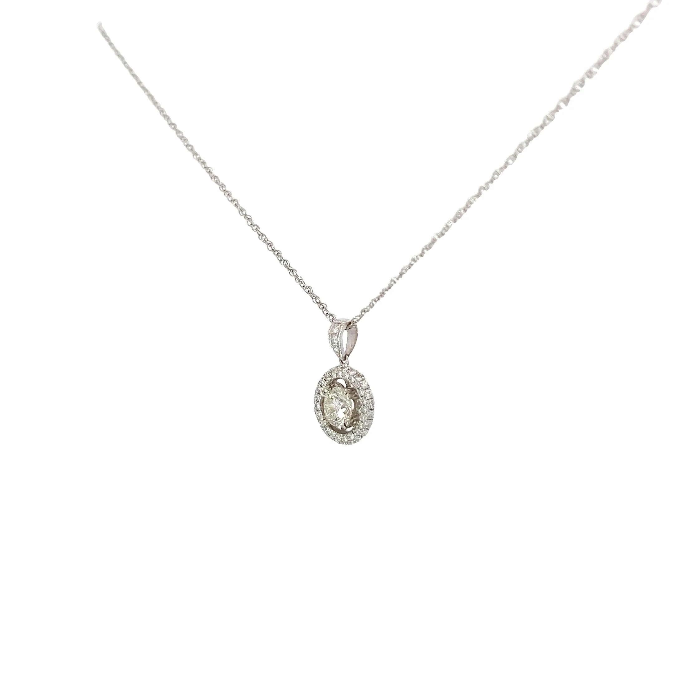 14k White Gold .75ct G SI1 Center Round  Diamond and along Halo .35ct G SI1 Round Diamond Solitaire Necklace