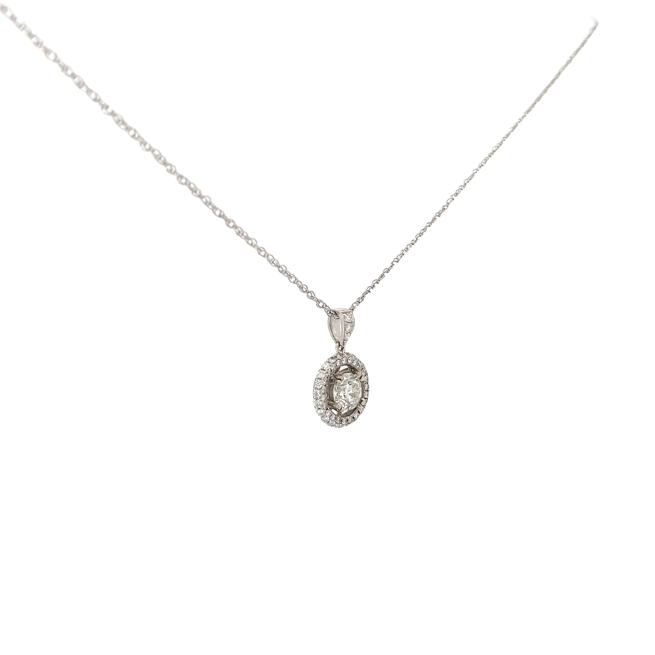 14k White Gold .75ct G SI1 Center Round  Diamond and along Halo .35ct G SI1 Round Diamond Solitaire Necklace