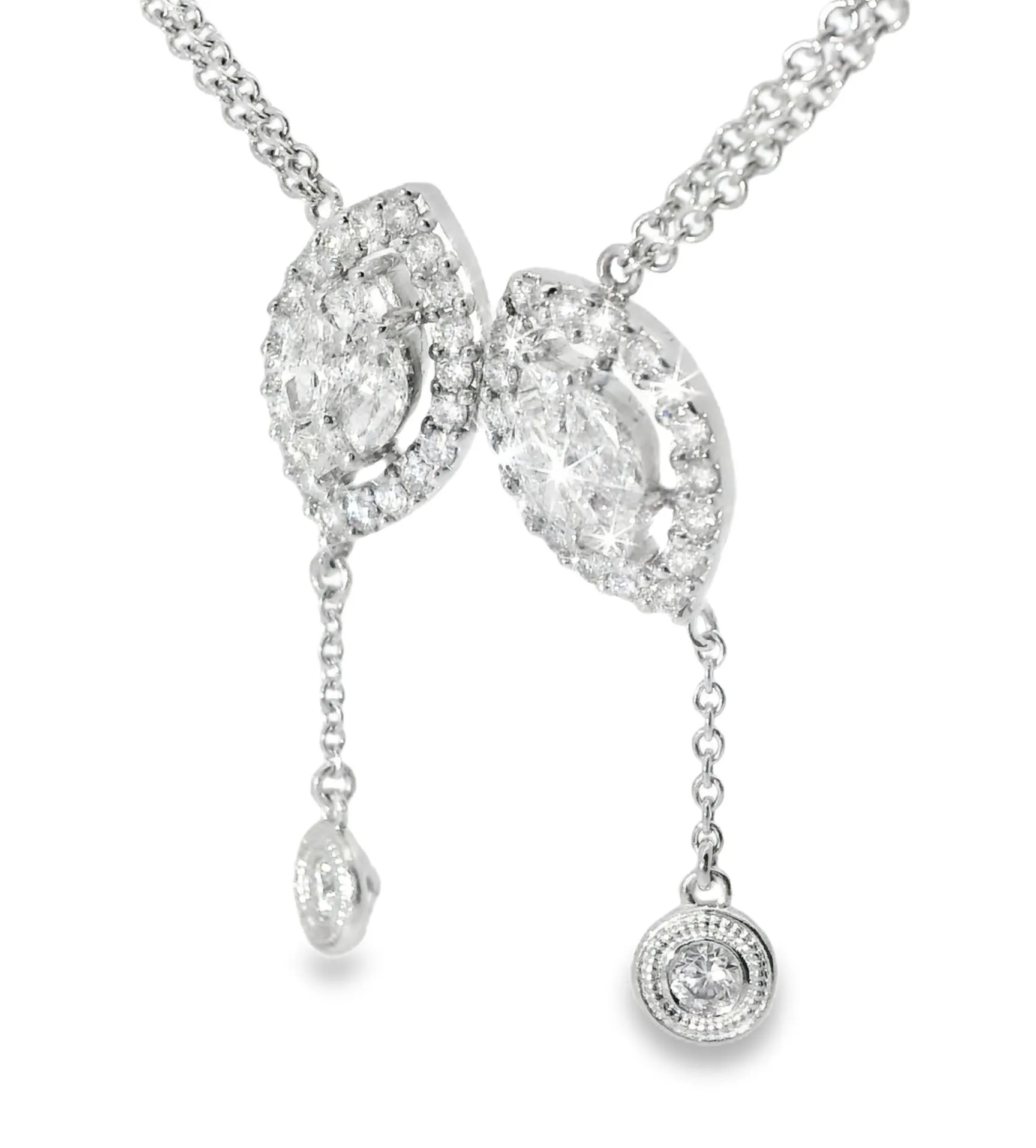 14K White Gold Diamond Lariat Cluster Station Designer Pendant Slide Necklace