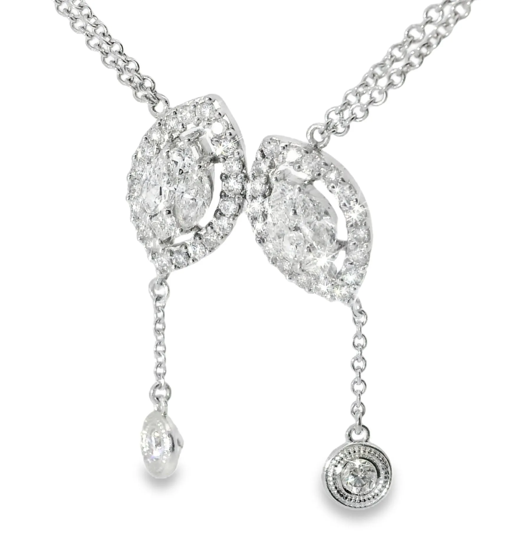 14K White Gold Diamond Lariat Cluster Station Designer Pendant Slide Necklace