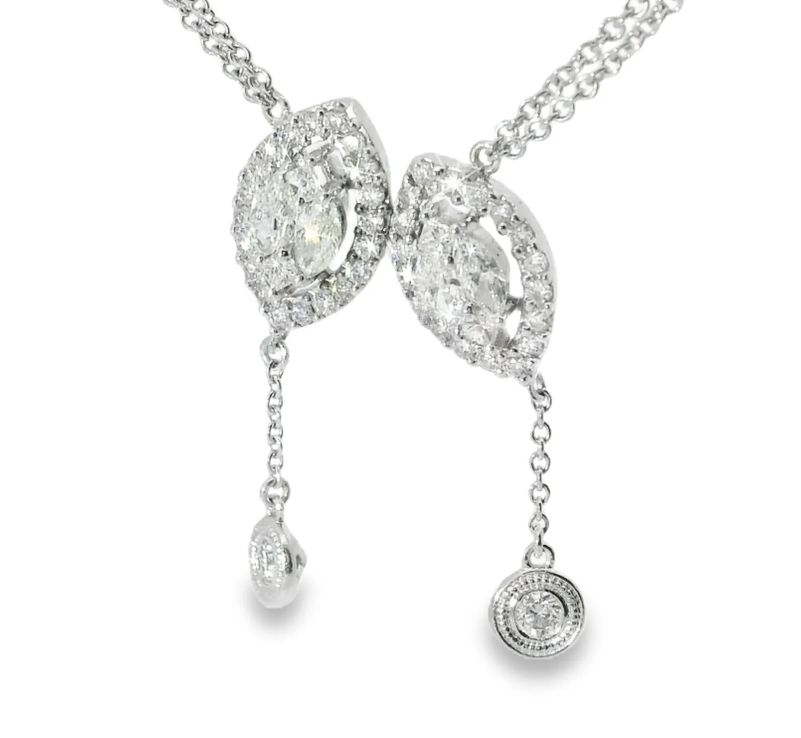14K White Gold Diamond Lariat Cluster Station Designer Pendant Slide Necklace