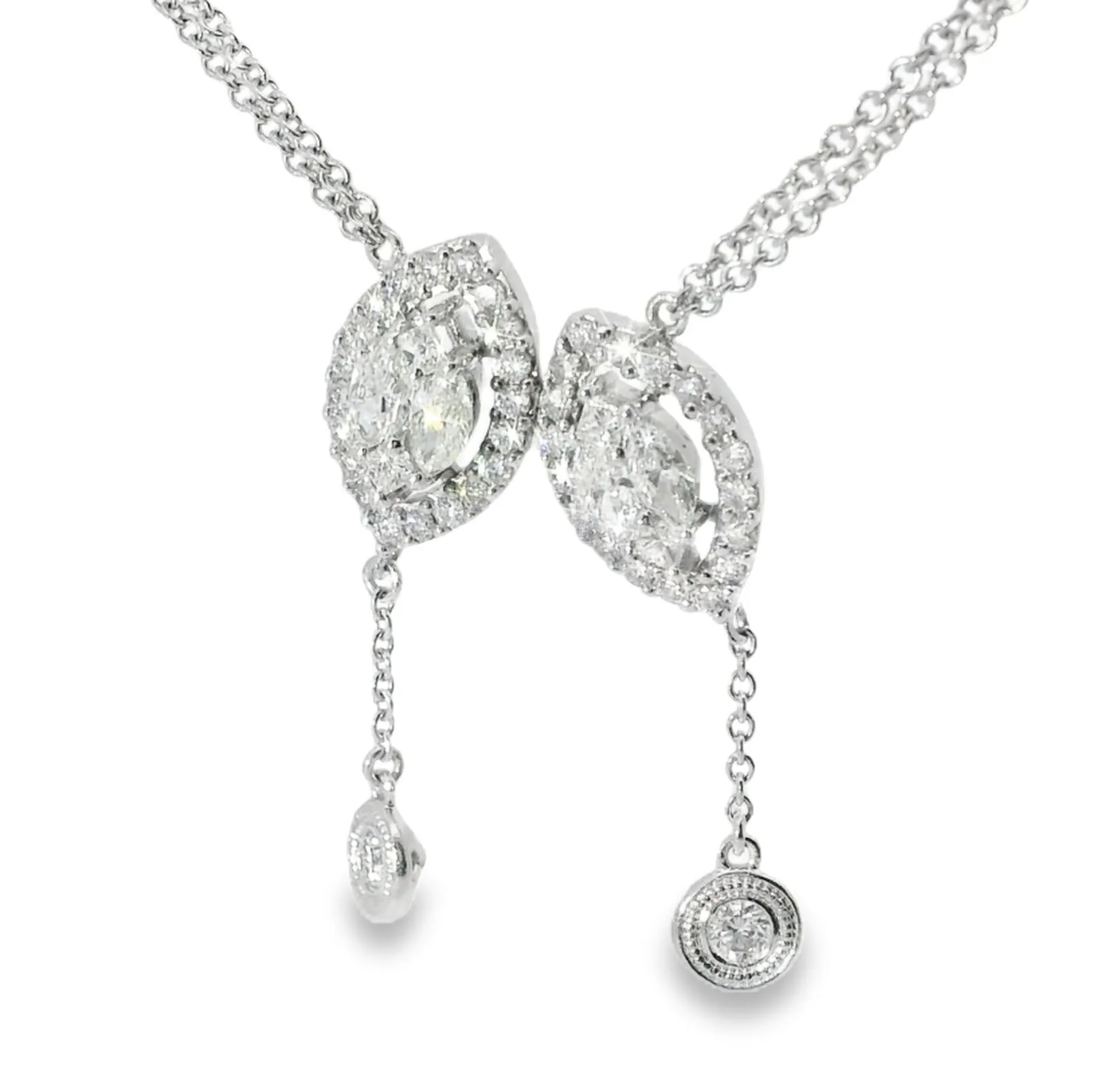14K White Gold Diamond Lariat Cluster Station Designer Pendant Slide Necklace