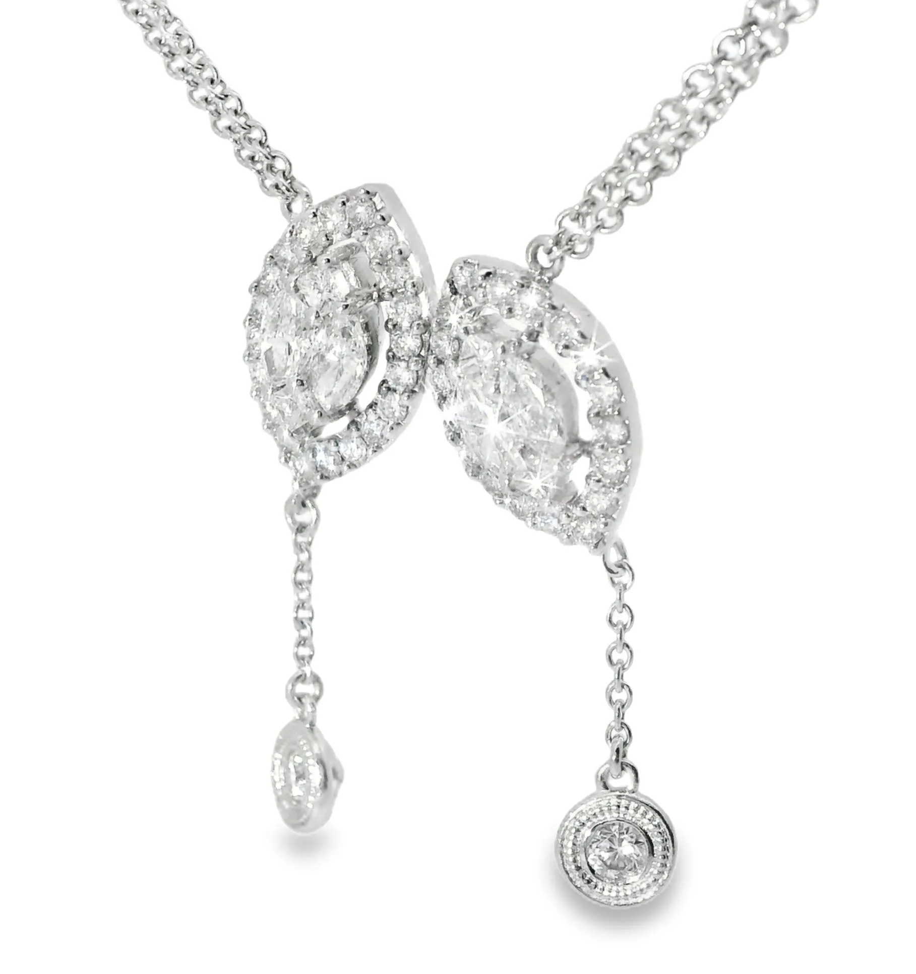 14K White Gold Diamond Lariat Cluster Station Designer Pendant Slide Necklace