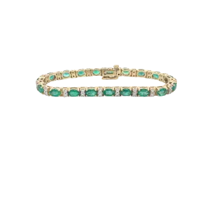 14k Yellow Gold 10ct Oval AA Emerald and 1.00ct G VS2 Round Diamond Tennis Bracelet
