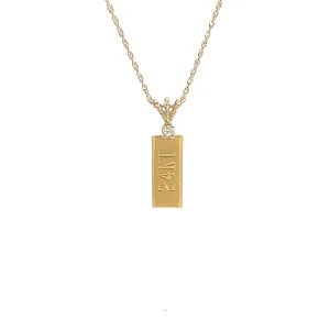 14k Yellow Gold Chain / 24k Yellow Gold Solid Gold Bar with .05ct G SI1 Round Diamond Pendant