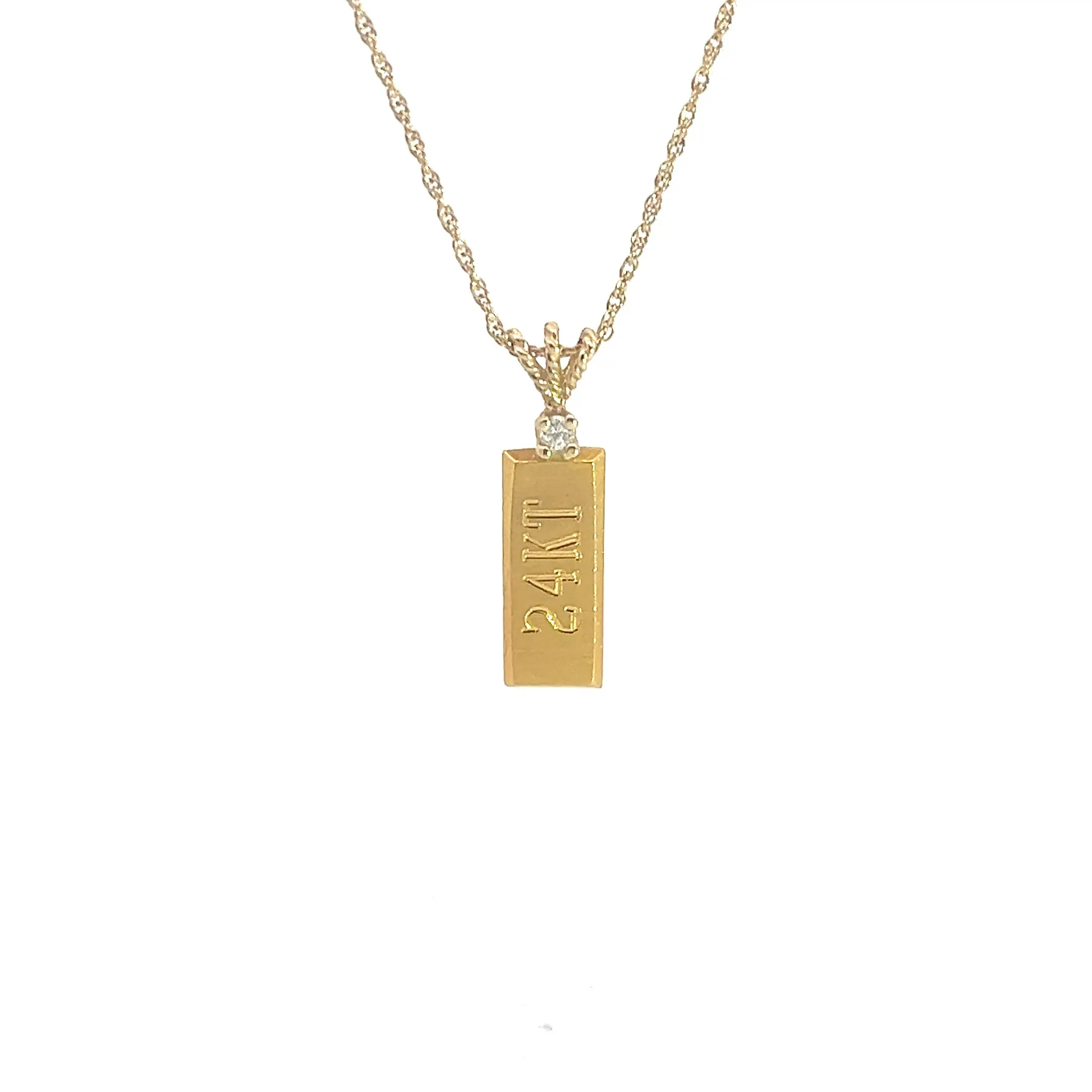 14k Yellow Gold Chain / 24k Yellow Gold Solid Gold Bar with .05ct G SI1 Round Diamond Pendant