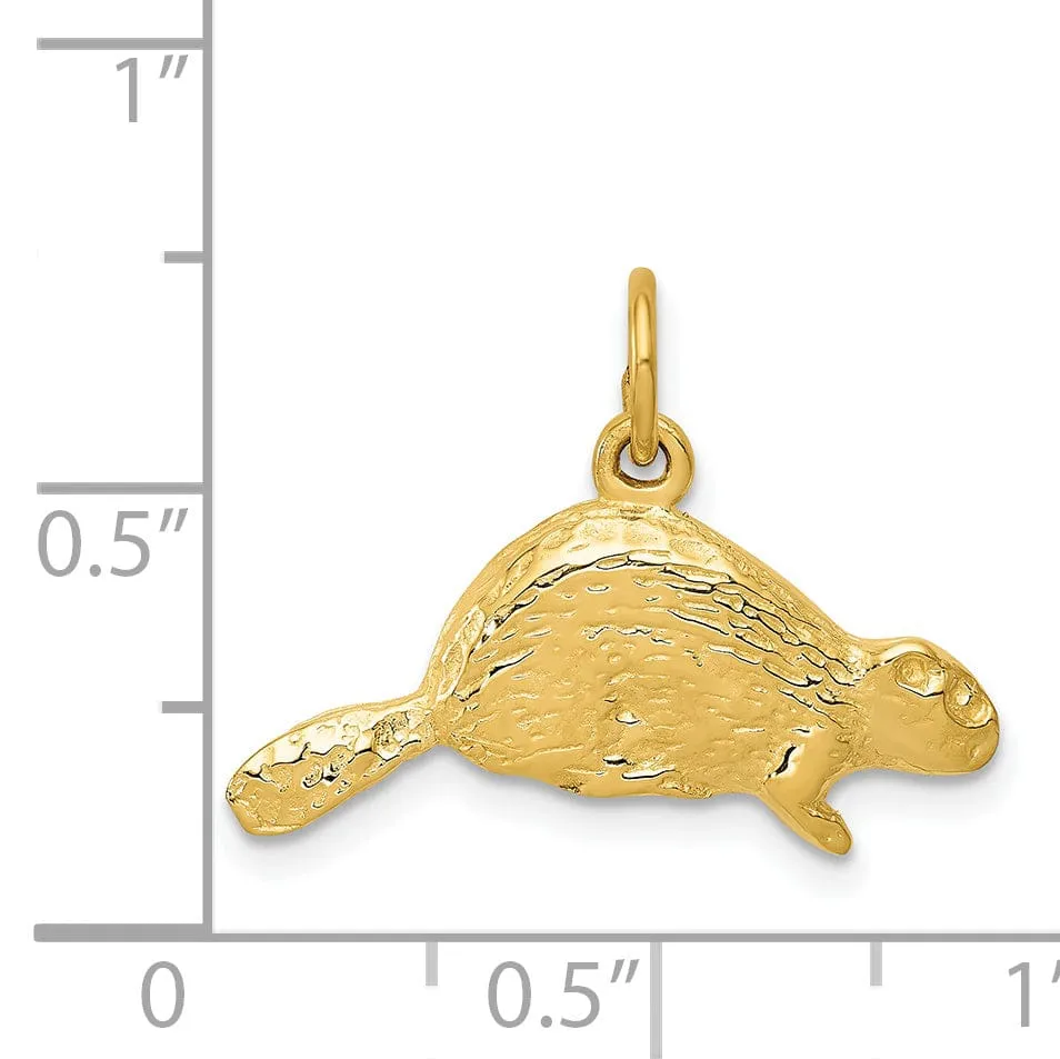 14k Yellow Gold Flat Back Textured Polished Finish Beaver Charm Pendant