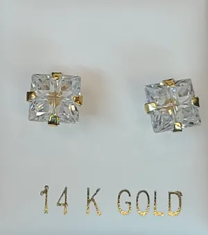 14k Yellow Gold Square Earrings with Reflective Stone