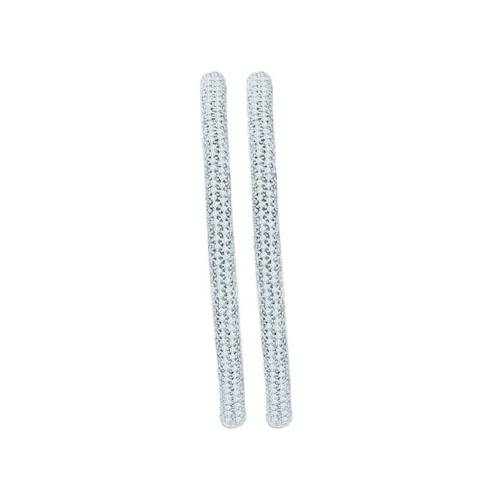 14kt White Gold Womens Round Pave-set Diamond Inside Outside Luxury Hoop Earrings