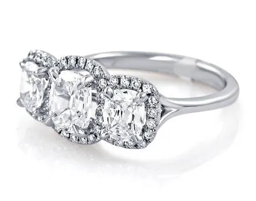 1.79ct tw Henri Daussi Signed Three Stone Cushion Cut Halo Engagement Ring