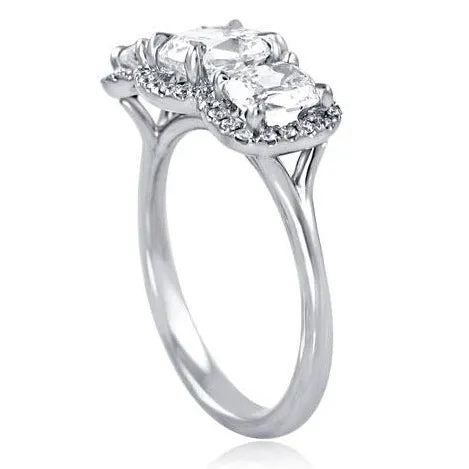 1.79ct tw Henri Daussi Signed Three Stone Cushion Cut Halo Engagement Ring