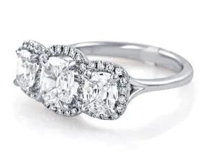 1.79ct tw Henri Daussi Signed Three Stone Cushion Cut Halo Engagement Ring