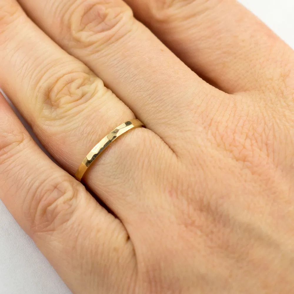 1.7mm Square 14k Yellow Gold Wedding Band, Hammered Polished