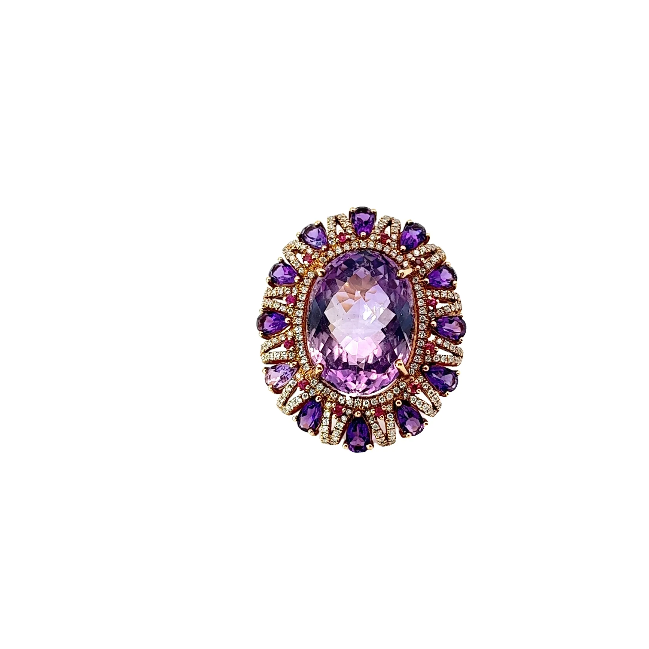 18K Rose Gold 19.53ct  Amethyst and Ruby  .70ct F VS2 Round Diamond Cocktail Ring